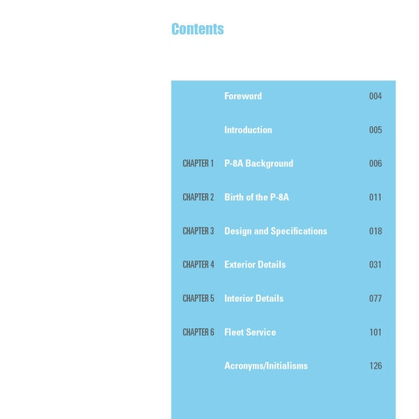 The Schiffer Publishing, Ltd. book "P-8A Poseidon" features a table of contents covering Foreword, Introduction, P-8A Poseidon Background, Birth, Specs, Exterior/Interior Details, Fleet Service, and Acronyms with page numbers.