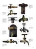 A set of ten unique antique and vintage brass water taps, inspired by wine antiques, from "Wine Antiques and Collectibles" by Schiffer Publishing, Ltd., displayed on a white background with labels beside each tap.