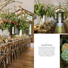 Host an elegant wedding reception with long wooden tables, rustic chairs, tall floral centerpieces, candles, pears, and succulents—find chic seasonal party inspiration in Four Seasons of Entertaining by Schiffer Publishing, Ltd.