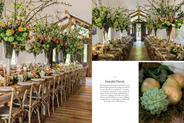 Host an elegant wedding reception with long wooden tables, rustic chairs, tall floral centerpieces, candles, pears, and succulents—find chic seasonal party inspiration in Four Seasons of Entertaining by Schiffer Publishing, Ltd.