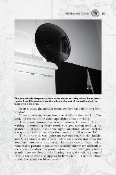 A black-and-white photo from "Ghost Stories and Legends of Alameda, Berkeley, and Oakland" (Schiffer Publishing, Ltd.) shows a security mirror reflecting glowing orbs—linked to Berkeley paranormal sightings—above a curtained doorway with text below.