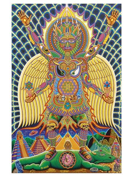 Positive Creations by Schiffer Publishing, Ltd. showcases a psychedelic scene: a winged, multi-armed deity with intricate patterns and vivid colors stands on a green figure, set against pyramids and dreamy landscapes with geometric shapes.