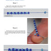 An instructional page in *Off-Loom Woven Bead Necklaces* by Schiffer Publishing, Ltd. shows how to weave a square stitch with blue beads, using close-up photos to guide you through threading beads for Row 1 and Row 2.