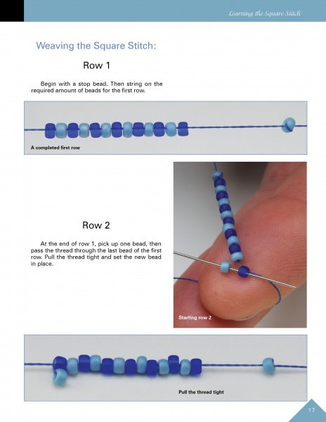 An instructional page in *Off-Loom Woven Bead Necklaces* by Schiffer Publishing, Ltd. shows how to weave a square stitch with blue beads, using close-up photos to guide you through threading beads for Row 1 and Row 2.