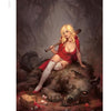 A blonde woman in a red hood poses pin-up style atop a defeated wolf in a forest, bat in hand, with candy and basket nearby—an image featured in "The Contemporary Illustrated Pin-up" by Schiffer Publishing, Ltd.