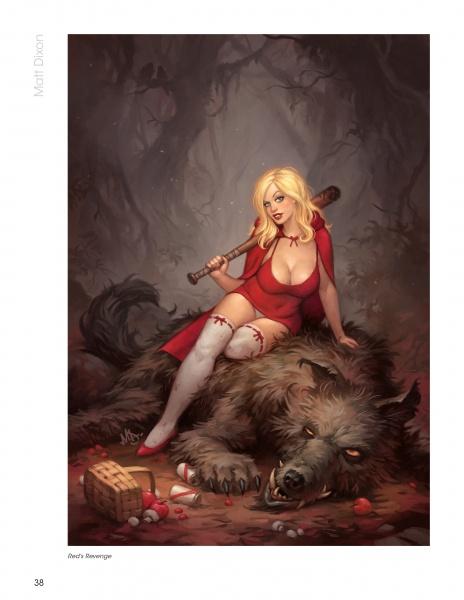 A blonde woman in a red hood poses pin-up style atop a defeated wolf in a forest, bat in hand, with candy and basket nearby—an image featured in "The Contemporary Illustrated Pin-up" by Schiffer Publishing, Ltd.