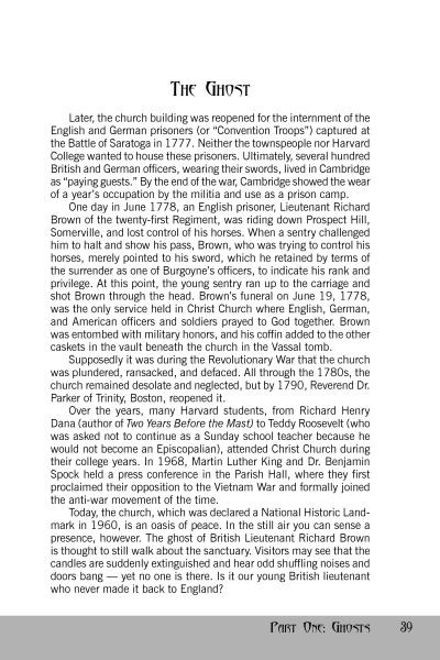 A page from Schiffer Publishing, Ltd.’s "Cambridge, Massachusetts" uncovers a Cambridge church’s role in the Revolution, plus Massachusetts legends and ghost tales—stories of hauntings that conclude on page 39.