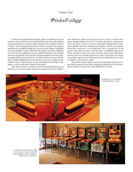 A page in The Complete Pinball Book by Schiffer Publishing, Ltd. features a close-up of a pinball playfield above vintage machines, with informative text between them exploring pinball history.