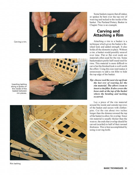 Basket Inspiration by Schiffer Publishing, Ltd. offers step-by-step photo and text instructions for carving, inserting, and lashing a rim to a wooden basket, illustrating traditional basket weaving techniques on a clean, white background.