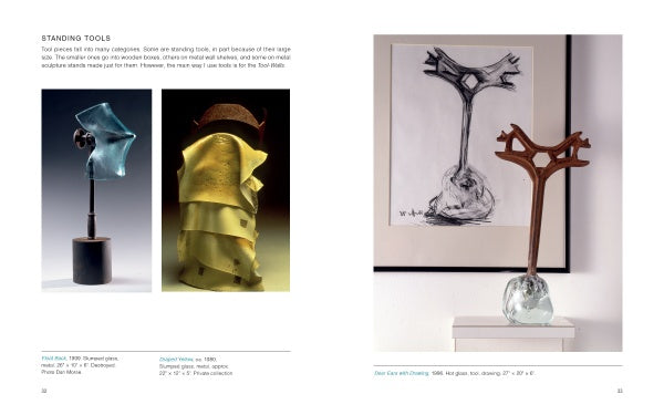 Two open book pages from "Behind the Curtain" by Schiffer Publishing, Ltd. feature photos of unique standing sculptural tools and a sketch. The right page showcases Mary Shaffer's Studio Glass Art using her mid-air slumping technique.