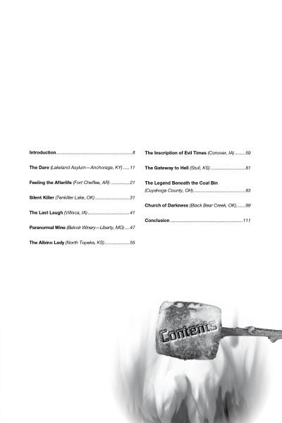The table of contents for Campfire Tales Midwest by Schiffer Publishing, Ltd. lists eerie story titles, locations, and page numbers on white, with a blurred metal "Contents" sign—ideal for Midwest ghost story and paranormal fans.