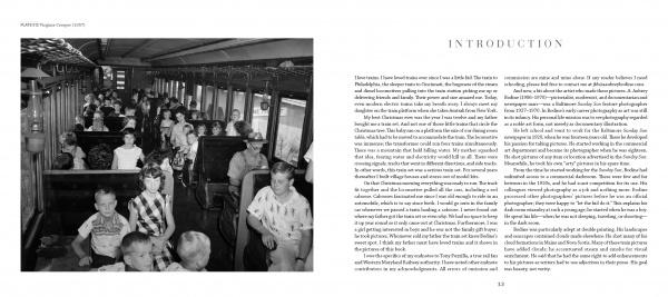 Black-and-white photo of children and adults in a vintage train car captures mid-20th-century rail spirit, in the style of A. Aubrey Bodine. On the right, the two-column "Introduction" for "Trains" by Schiffer Publishing, Ltd. is shown.