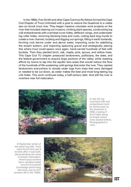 A magazine page for "A Tale of Two Rivers" by Schiffer Publishing, Ltd. features text on river restoration, photos of the Quashnet and Mashpee rivers from 1980 and 1999, and notes their value for Sea Run Brook Trout and fly fishing on Cape Cod. Page 127 shown.