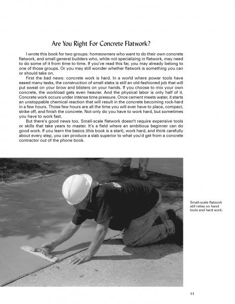 A construction worker in a hard hat uses hand tools to smooth wet concrete pavement. Surrounding text discusses "Concrete Flatwork" by Schiffer Publishing, Ltd. An inset depicts hands holding flatwork tools.