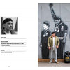 A man in casual wear and a vintage military jacket stands by a mural, a large black bag beside him. On the left is his black-and-white portrait with details. He features in "Rugged Style War—Rome" by Schiffer Publishing, Ltd.