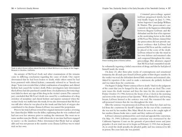 A spread from "California's Deadly Women" by Schiffer Publishing, Ltd. shows a vintage trunk photo on the left and a woman's mugshot on the right, with text detailing women criminals in California's crime history.
