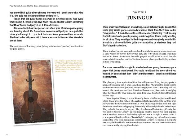 A book spread from "Paul Yandell, Second to the Best" (Schiffer Publishing, Ltd.) shows a sepia photo of Chet Atkins’s acoustic guitar on the left page and the title "Chapter 2: Tuning Up" atop text on the right.