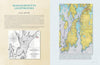 A two-page spread from "Massachusetts Lighthouses and Lightships" by Schiffer Publishing, Ltd. features info on Massachusetts lighthouses and Fall River with a B&W nautical map left, and a detailed color coastal chart highlighting New England maritime history right.