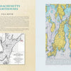 A two-page spread from "Massachusetts Lighthouses and Lightships" by Schiffer Publishing, Ltd. features info on Massachusetts lighthouses and Fall River with a B&W nautical map left, and a detailed color coastal chart highlighting New England maritime history right.