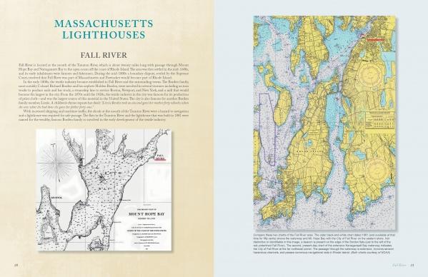 A two-page spread from "Massachusetts Lighthouses and Lightships" by Schiffer Publishing, Ltd. features info on Massachusetts lighthouses and Fall River with a B&W nautical map left, and a detailed color coastal chart highlighting New England maritime history right.