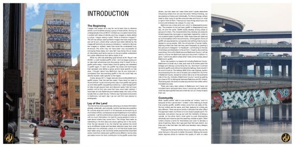 A two-page spread from Schiffer Publishing, Ltd.'s "Baltimore Graffiti" features a central introduction, a city street with a mural staircase on the left, and a river view with street art and graffiti-covered bridges on the right.