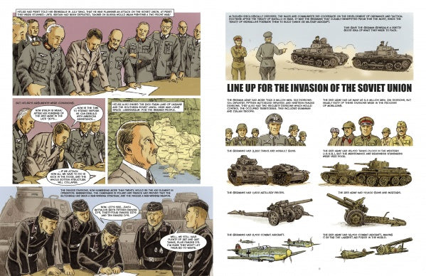 A comic-style page from "Knights of the Skull, Vol. 2" (Schiffer Publishing, Ltd.) shows WWII Nazi officers, including Hitler, discussing armored warfare and depicts labeled German Panzer and Soviet forces during the Soviet Union invasion.