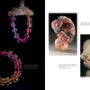 Two pages from "Cast" by Schiffer Publishing, Ltd.: Left shows a model in a vibrant, textured necklace and matching piece; right displays a curled, tattooed sculpture and a sheer, ruffled blouse—celebrating contemporary craft.