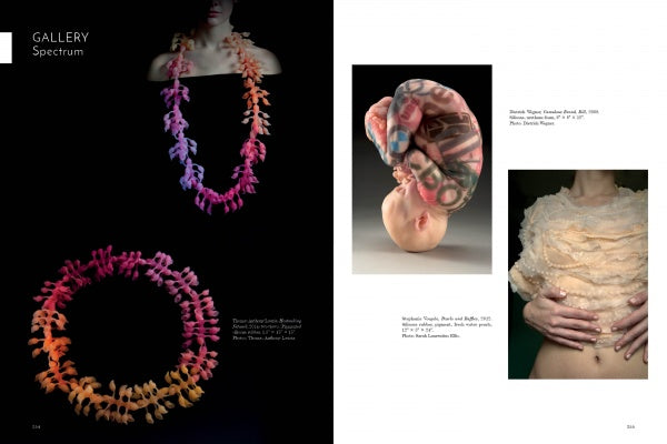 Two pages from "Cast" by Schiffer Publishing, Ltd.: Left shows a model in a vibrant, textured necklace and matching piece; right displays a curled, tattooed sculpture and a sheer, ruffled blouse—celebrating contemporary craft.