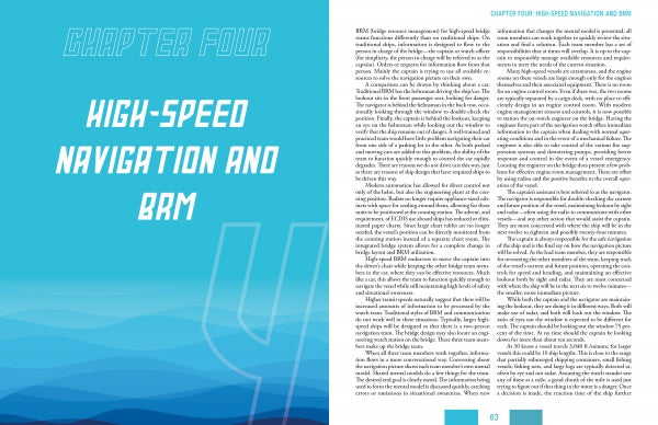 A two-page spread from the Water Jet Shiphandler's Guide by Schiffer Publishing, Ltd.: left page features a blue gradient with "CHAPTER FOUR: HIGH-SPEED NAVIGATION AND BRM" in bold white; right displays two columns and blue page number 63.