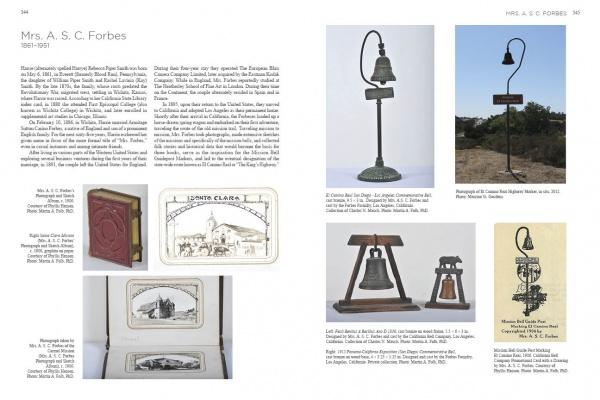 A book spread from "Emerging from the Shadows, Vol. II" by Schiffer Publishing, Ltd. features Mrs. A. S. C. Forbes, with text, historic photos, sketches, postcards, commemorative bells, plaques, and descriptive captions for each item.