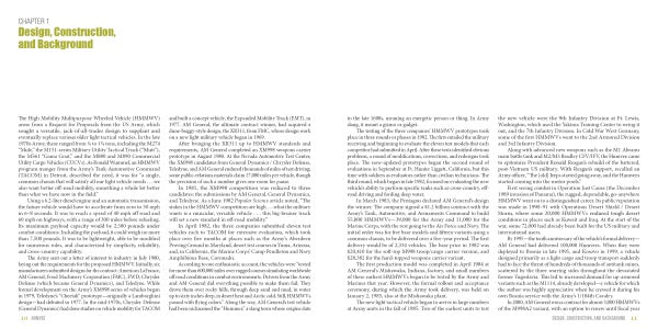 A two-page book spread from Schiffer Publishing, Ltd.'s "Humvee" shows the chapter title "Design, Construction, and Background" in yellow and green on the left. Both pages have dense black two-column text on white, focusing on this military tactical vehicle.