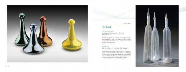 On the left, four metallic, pawn-shaped glass sculptures in green, silver, orange, and gold appear. On the right are three tall, pointed contemporary glass pieces. Featured in "Art Glass Today 2" by Schiffer Publishing, Ltd.