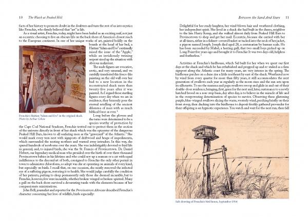 Two pages from The Watch at Peaked Hill by Schiffer Publishing, Ltd.: a man with a red flag and figures, plus a sketch of a bird-watching hut on stilts—capturing Cape Cod’s dune shacks and unique spirit.