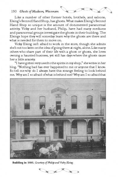 A page from Schiffer Publishing, Ltd.'s Ghosts of Madison, Wisconsin describes paranormal events at Elsing's Second Hand Shop, featuring a woman's account of her fear and a historical 1891 building photo at the bottom.