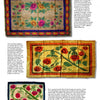 Three vibrant rugs with bold roses and green leaves are displayed, highlighting Maine rug hooking tradition. "Rug Hooking In Maine" by Schiffer Publishing, Ltd. features text and captions around the images, showcasing American decorative arts.