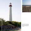 A tall white lighthouse with a red top rises behind trees and a wooden building, near a sandy beach. "Cape May Perspectives" by Schiffer Publishing, Ltd. explores the Cape May lighthouse and its links to Victorian architecture.