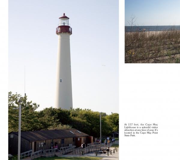 A tall white lighthouse with a red top rises behind trees and a wooden building, near a sandy beach. "Cape May Perspectives" by Schiffer Publishing, Ltd. explores the Cape May lighthouse and its links to Victorian architecture.
