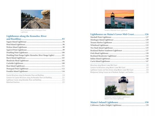 The table of contents of *Lighthouses and Coastal Attractions of Northern New England* (Schiffer Publishing, Ltd.) features sections on New England lighthouses, two photos, and chapters by Kennebec River, Lower Mid-Coast, and inland with page numbers.
