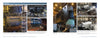 A two-page spread in Schiffer Publishing, Ltd.’s “The US Navy’s Fast-Attack Submarines, Vol. 2” shows six photos of the Virginia-class submarine assembly, featuring machinery, ship hulls, scaffolding, and workers in a large facility.