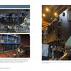 A two-page spread in Schiffer Publishing, Ltd.’s “The US Navy’s Fast-Attack Submarines, Vol. 2” shows six photos of the Virginia-class submarine assembly, featuring machinery, ship hulls, scaffolding, and workers in a large facility.