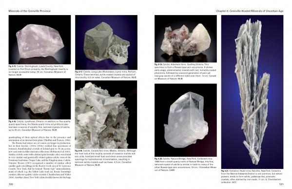 The "Minerals of the Grenville Province" by Schiffer Publishing, Ltd. displays seven varied mineral specimens, each set against blue or black backgrounds and curated by the Canadian Museum of Nature to highlight diverse shapes, colors, and textures.