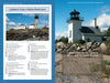 Two pages from Schiffer Publishing, Ltd.'s "Lighthouses and Coastal Attractions of Southern New England" display Rhode Island lighthouse cruises on the left and a white lighthouse by rocks and sea under a blue sky on the right.