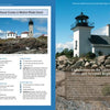 Two pages from Schiffer Publishing, Ltd.'s "Lighthouses and Coastal Attractions of Southern New England" display Rhode Island lighthouse cruises on the left and a white lighthouse by rocks and sea under a blue sky on the right.