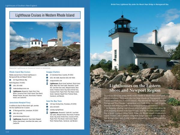 Two pages from Schiffer Publishing, Ltd.'s "Lighthouses and Coastal Attractions of Southern New England" display Rhode Island lighthouse cruises on the left and a white lighthouse by rocks and sea under a blue sky on the right.