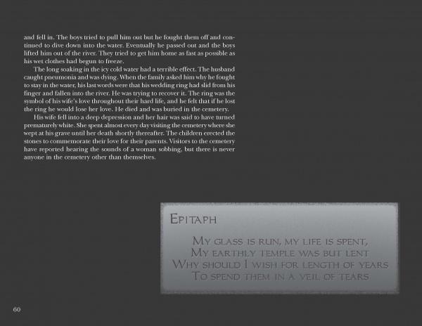 A dimly lit page from Ghosts in the Cemetery by Schiffer Publishing, Ltd. shows a tragic boy's tale with a tombstone epitaph at the bottom right—capturing the haunting mood of ghost stories and graveyards.