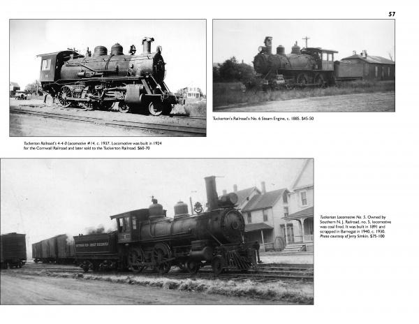 Three black-and-white photos from *Tuckerton, New Jersey, and Surrounding Areas* by Schiffer Publishing, Ltd. show vintage steam locomotives on tracks near buildings—ideal for postcard collectors or seaport history enthusiasts.