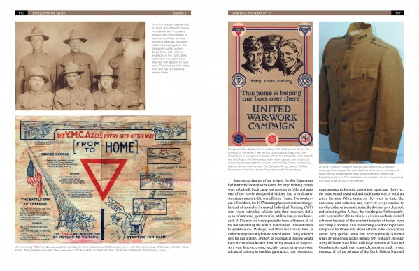 A magazine spread about "To Hell with the Kaiser, Vol. I" by Schiffer Publishing, Ltd. features vintage WWI photos: Doughboys, a YMCA poster, a U.S. Army uniform, and a “United War-Work Campaign” poster highlighting Meuse-Argonne support efforts.