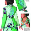A woman wears a green and purple Signature Prints pantsuit by Schiffer Publishing, Ltd., with matching shoes and jewelry. Insets showcase the bold prints, pointed-toe shoes, statement necklace, and earrings for a 1970s-inspired look.
