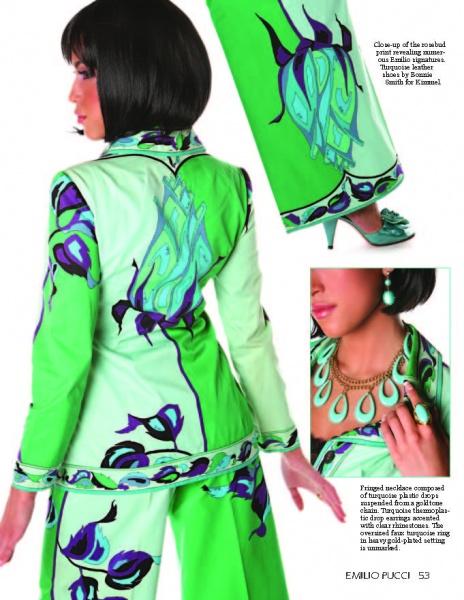 A woman wears a green and purple Signature Prints pantsuit by Schiffer Publishing, Ltd., with matching shoes and jewelry. Insets showcase the bold prints, pointed-toe shoes, statement necklace, and earrings for a 1970s-inspired look.