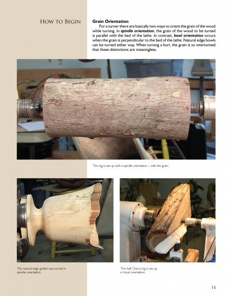 A page from Schiffer Publishing, Ltd.'s "Turning Natural Edge Bowls" shows a lathe setup with a log mounted for turning, plus images of a natural edge goblet and a half cherry log being shaped for bowl making.
